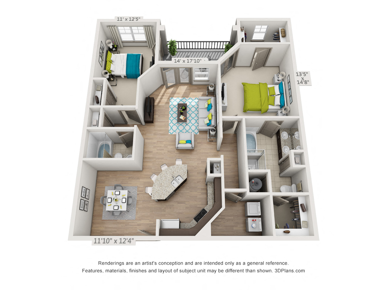 Floor plan for 2 beds, 2 baths, 1329 sqft